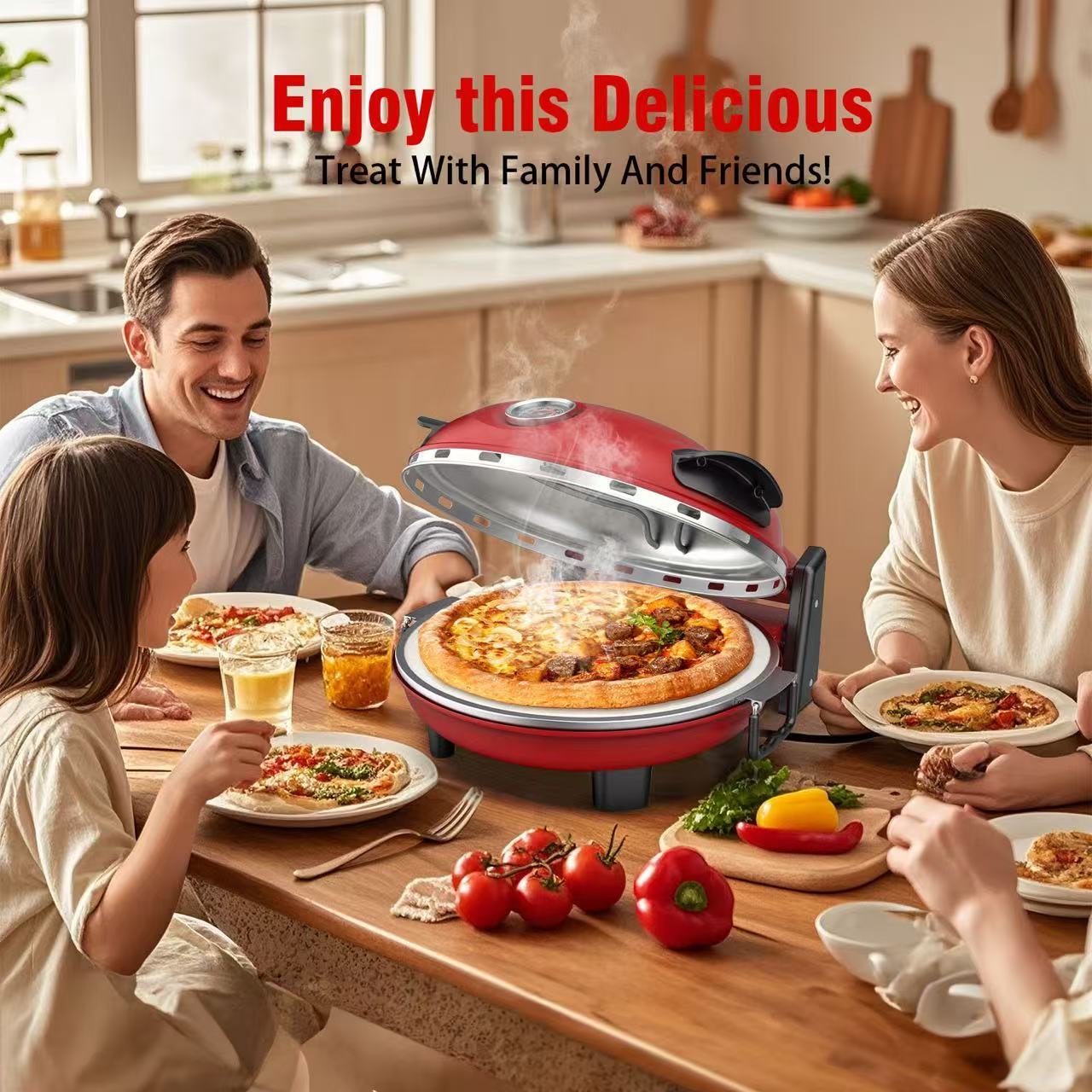 ONSON Pizza Maker with Ceramic Stone, Heats up to 800°F, 12 Inch Countertop Pizza Maker for Home, Red
