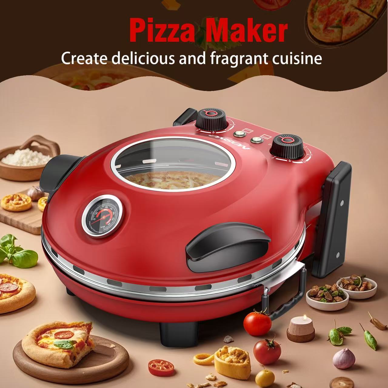 ONSON Pizza Maker with Ceramic Stone, Heats up to 800°F, 12 Inch Countertop Pizza Maker for Home, Red