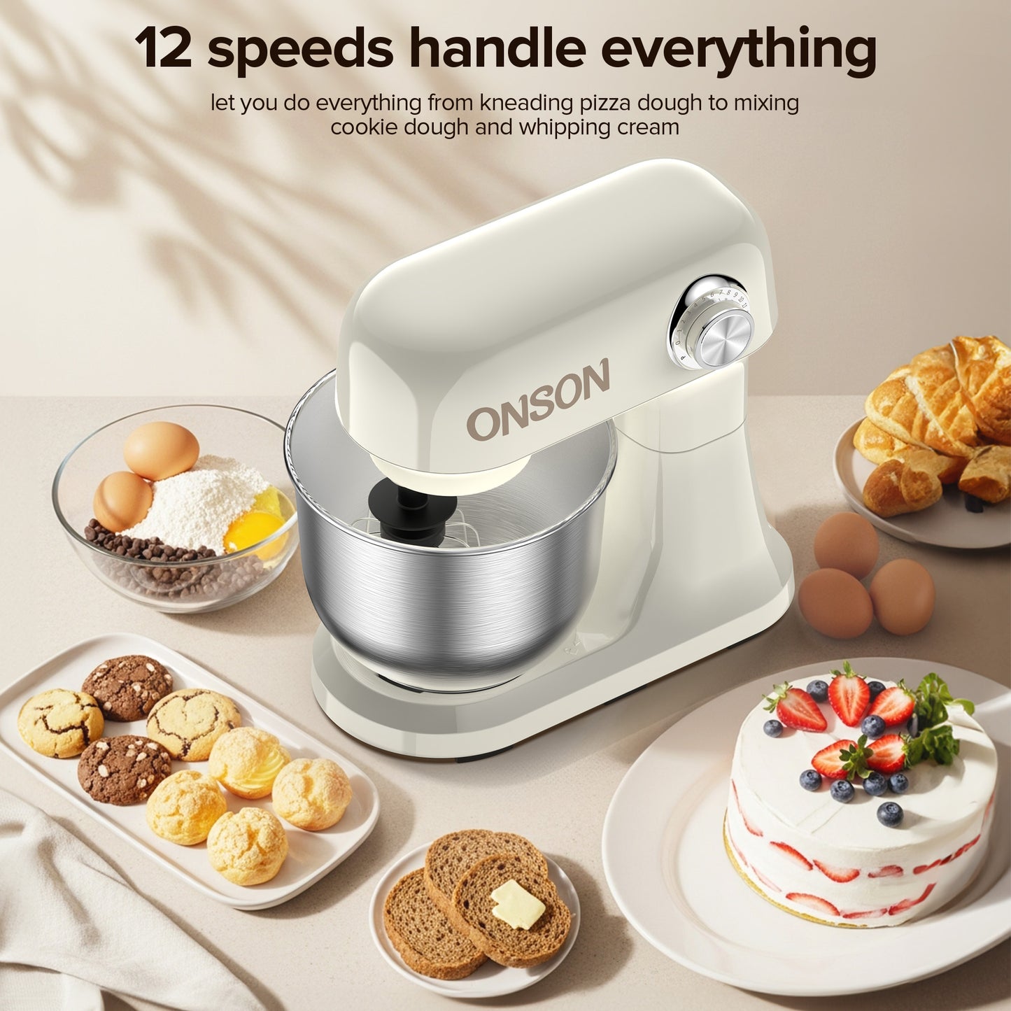 ONSON 5 QT Stand Mixer, 350W, 12-Speed Dough Mixer with Stainless Steel Bowl & Accessories for Baking & Cooking