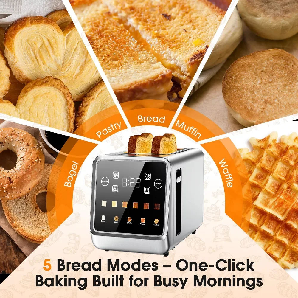 ONSON 2 Slice Toaster 900W, Touchscreen Long Slot Toaster, Stainless Steel Digital Smart Toaster,5 Bread Modes & 6 Shade Settings,Bagel & Defrost