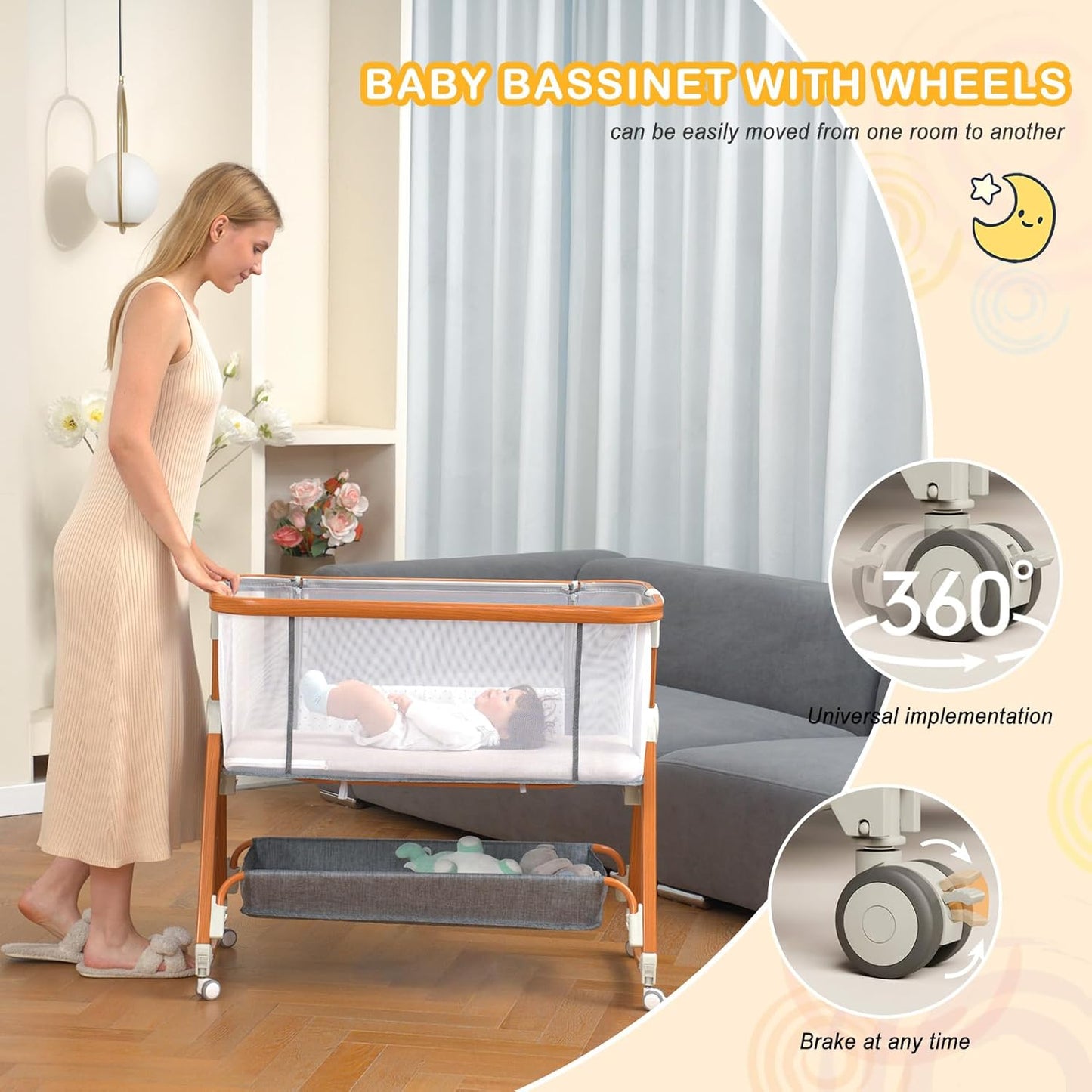Haoyunduo 3 in 1 Baby Bassinet, Rocking Bassinet with Comfy Mattress and Wheels, 6 Height Adjustable for 0-6 Months Baby, Gray-01