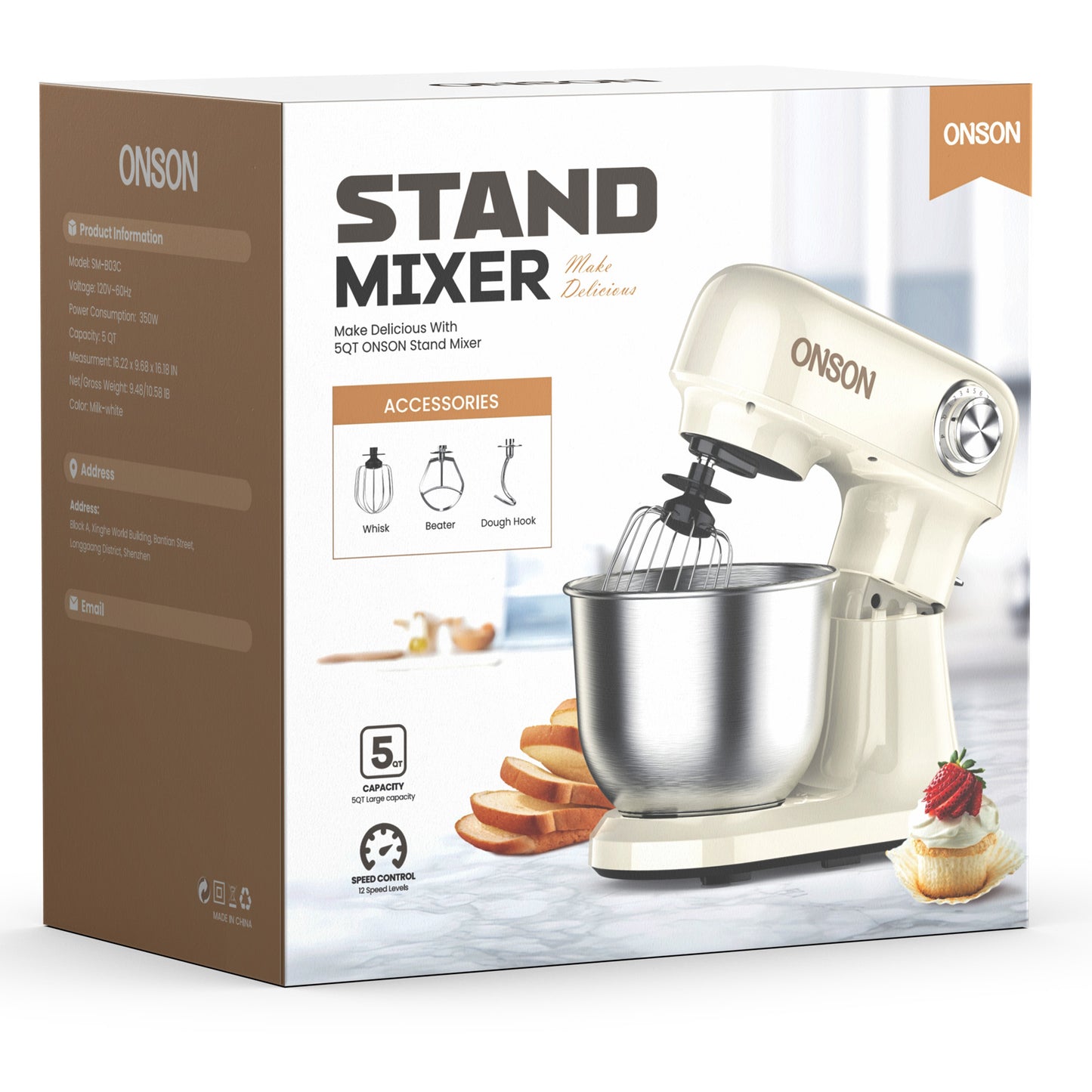 ONSON 5 QT Stand Mixer, 350W, 12-Speed Dough Mixer with Stainless Steel Bowl & Accessories for Baking & Cooking