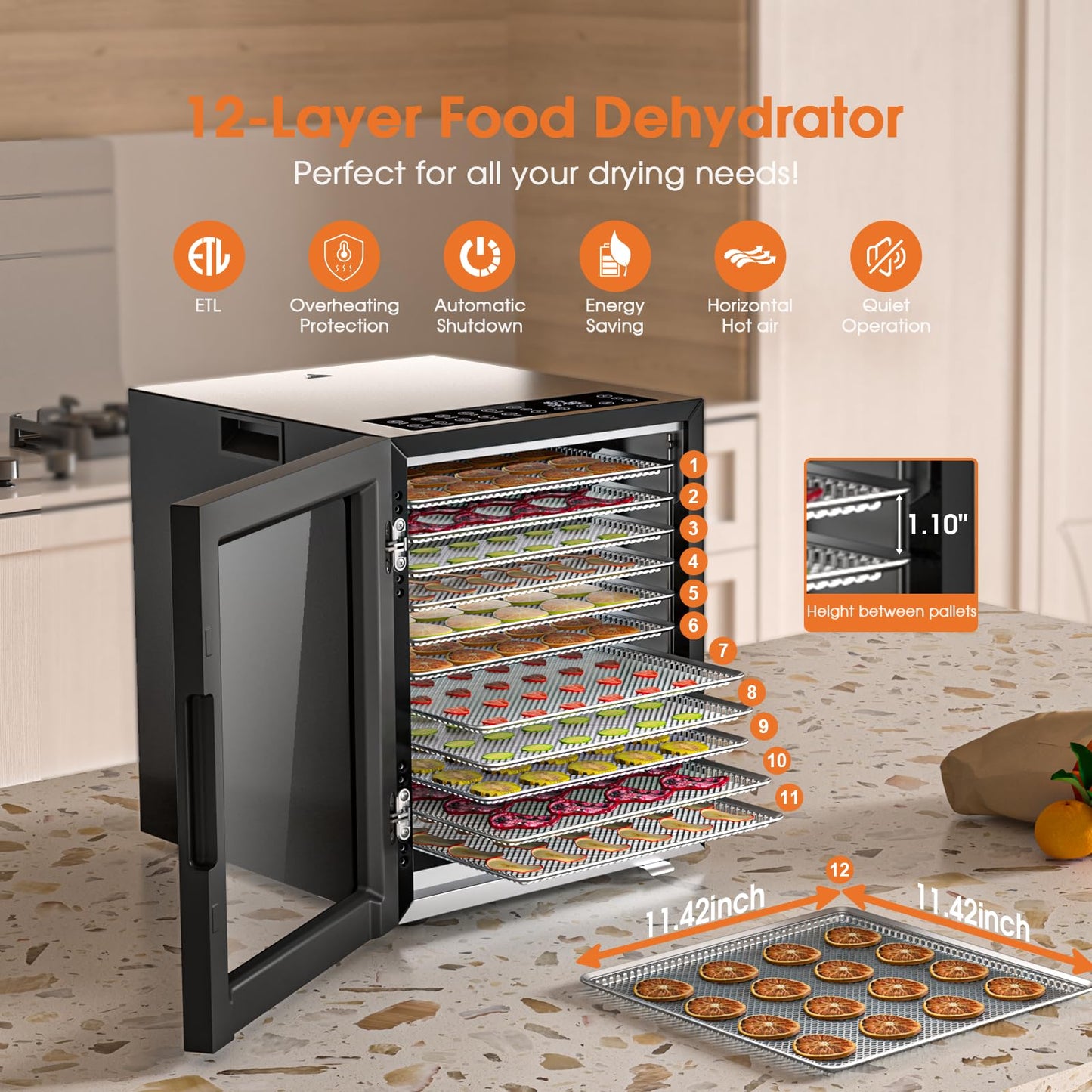 Food Dehydrator for Jerky, 12-Trays Stainless Steel Fruit Dehydrators Machine with 10 Presets, Temperature Control & 48H Timer, Digital Food Dryer Machine for Home, Dog Treats,Meats & Veggies