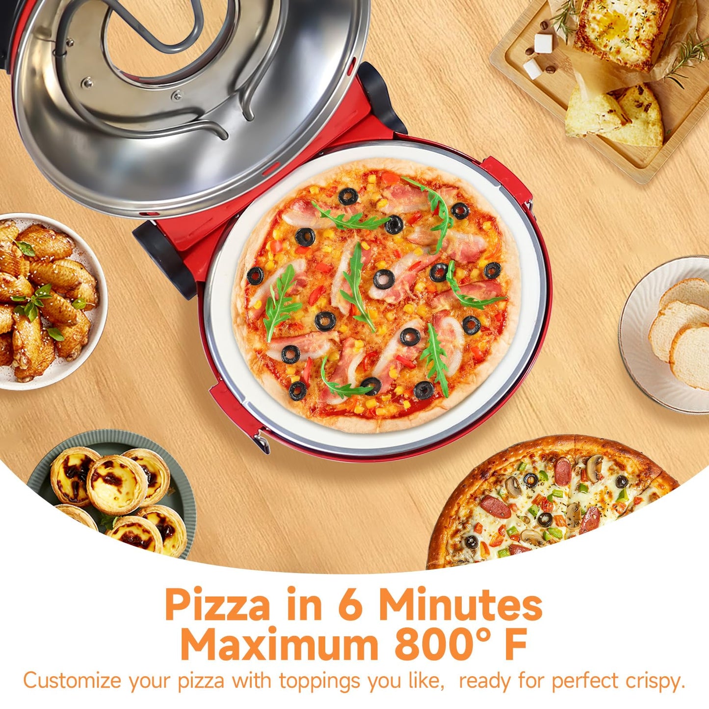 ONSON Electric Pizza Oven | 12 Inch Countertop Pizza Maker with Temperature Control & Thermometer | Viewing Window for Precise Cooking | Heats up to 800F | Easy to Clean Non-Stick Stone | Red -02