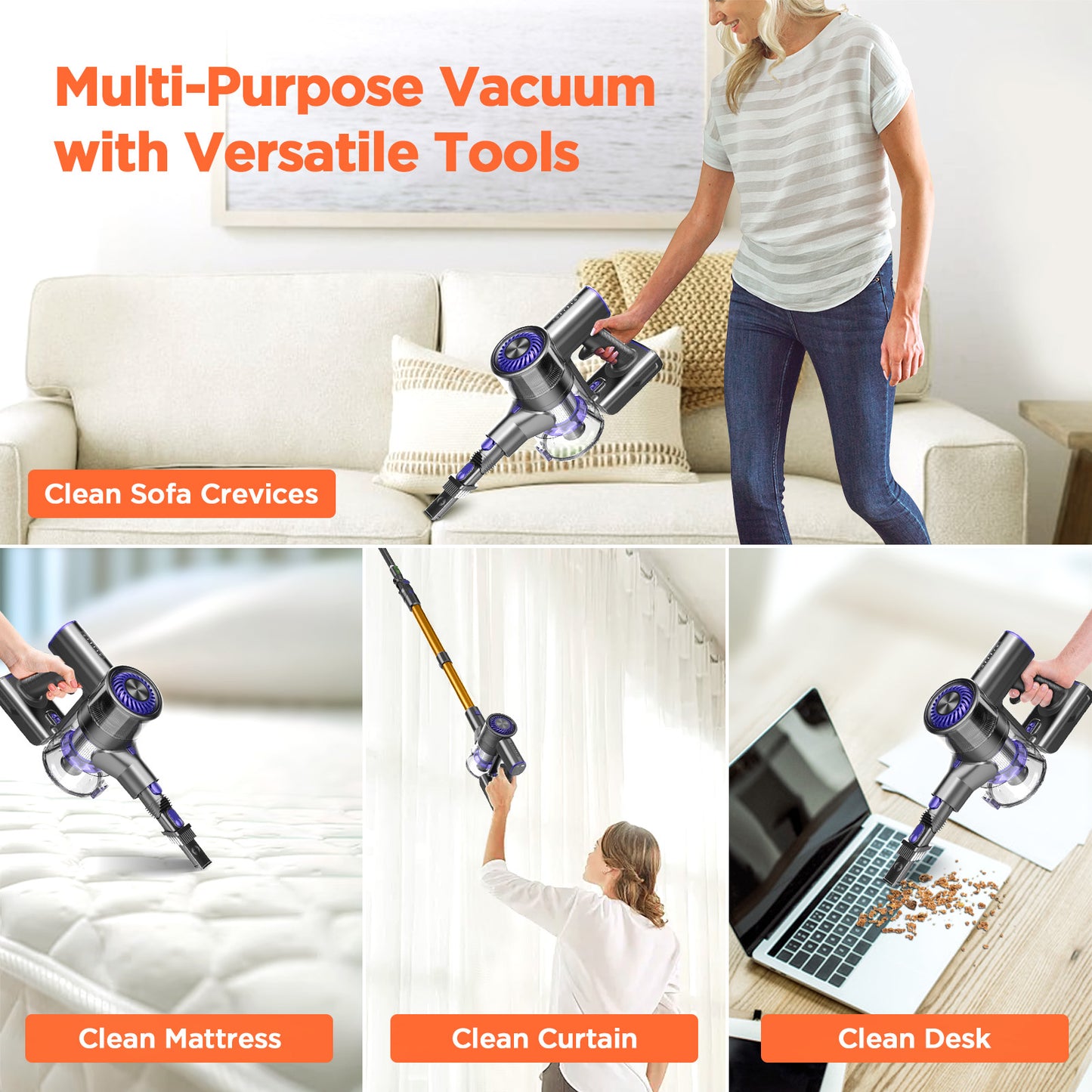 GOOVI Cordless Vacuum Cleaner, Cordless Vacuum with 80000 RPM High-Speed Brushless Motor, 2600mAh Powerful Lithium Batteries-Ypurple