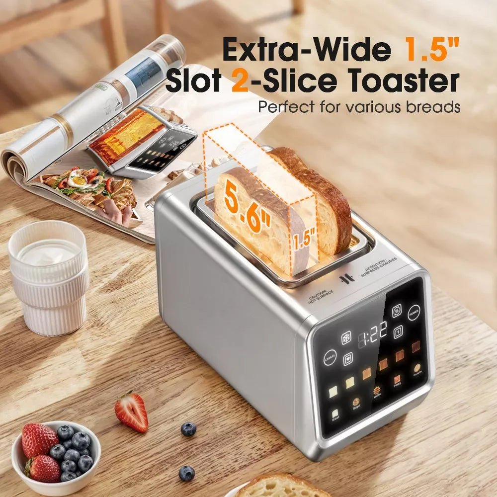 ONSON 2 Slice Toaster 900W, Touchscreen Long Slot Toaster, Stainless Steel Digital Smart Toaster,5 Bread Modes & 6 Shade Settings,Bagel & Defrost