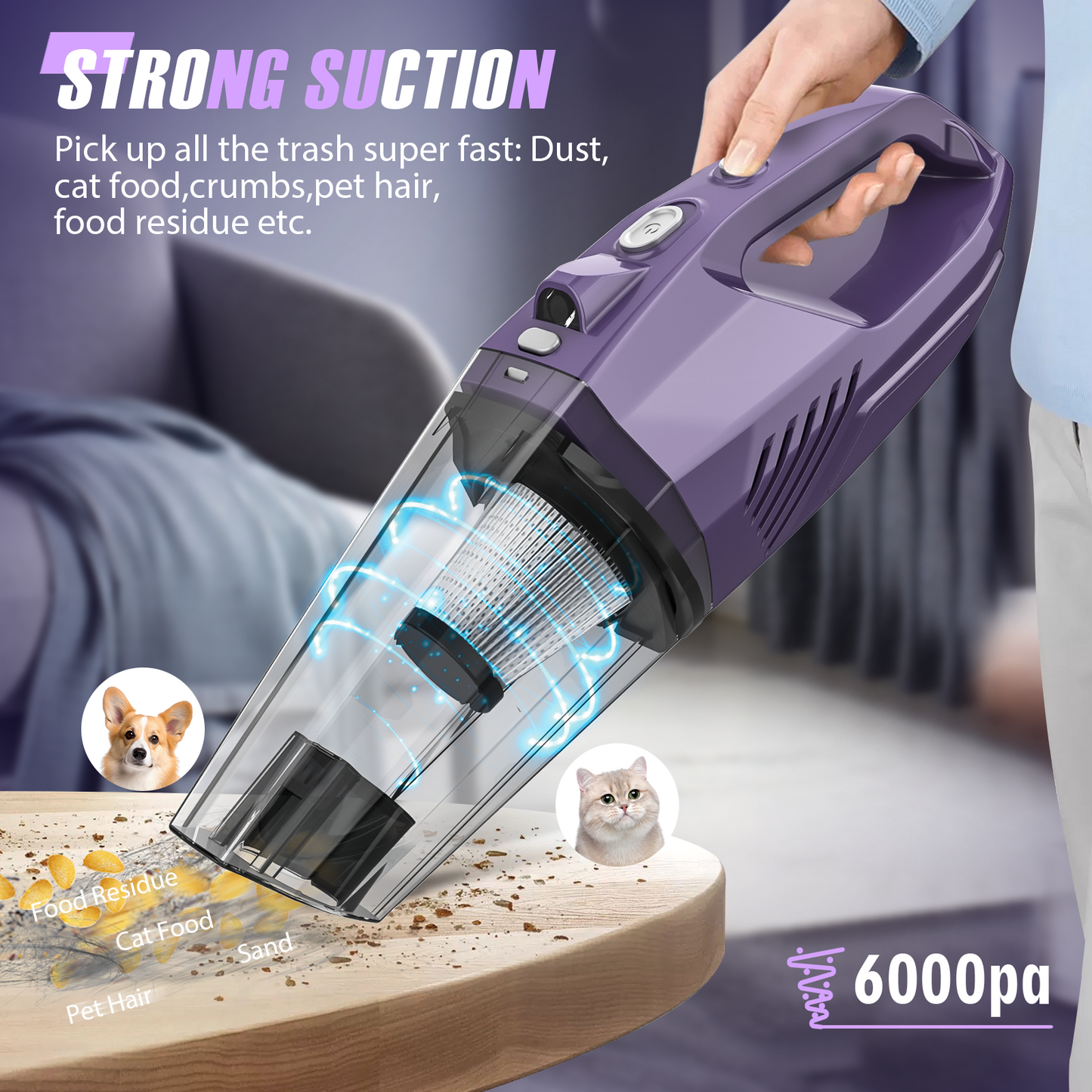 MAMNV Portable 6000Pa Cordless Handheld Vacuum, Vacuum Cleaner for Car Interior Cleaning,with Hose,Rechargeable, Purple,TG