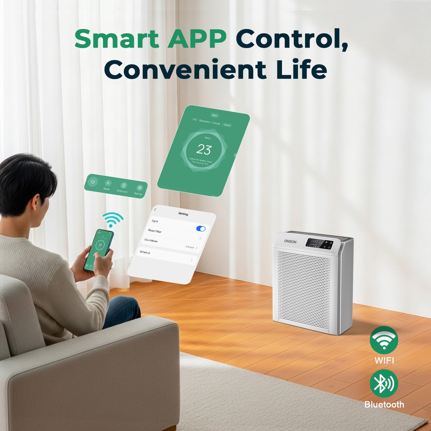 ONSON Air Purifier for Home, Large Rooms up to 3500 Sqft , Air Cleaner with Air Quality Monitor, Smart WiFi with APP Control for Pets, Odors, Dust, Pollen