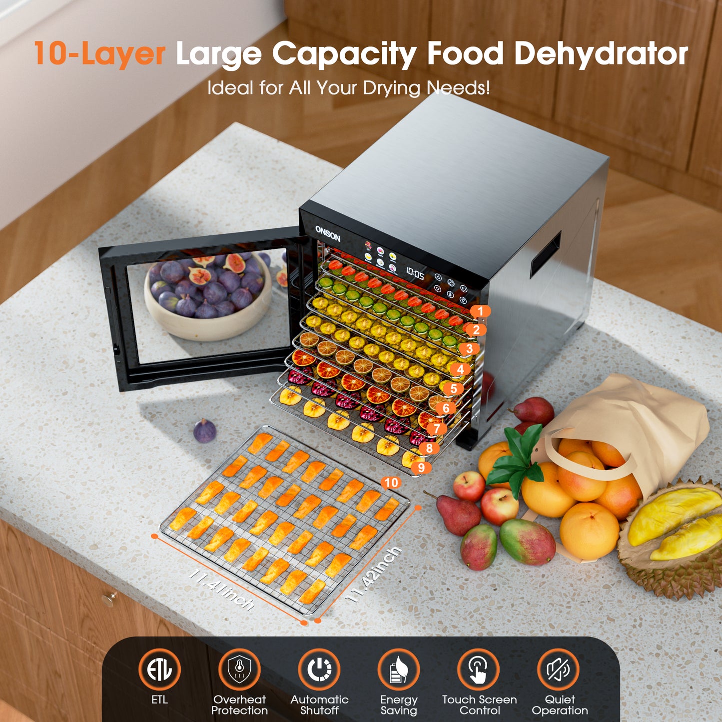 ONSON Food Dehydrator Machine, 10 Stainless Steel Trays, 1000W Power, 167°F Dehydrated Dryer for Jerky, Dog Treats, Herbs, Meat, Fruit, Yogurt and Veggies, Silver-black