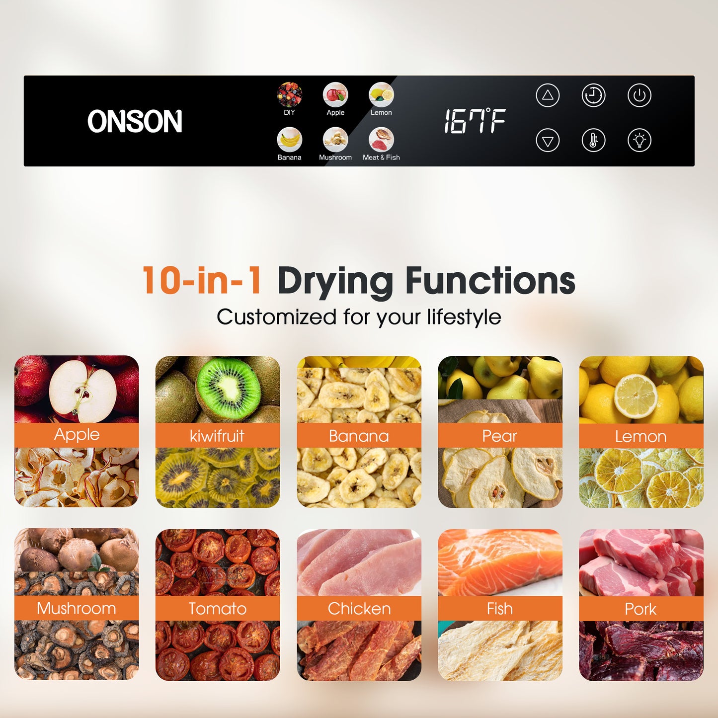 ONSON Food Dehydrator Machine, 10 Stainless Steel Trays, 1000W Power, 167°F Dehydrated Dryer for Jerky, Dog Treats, Herbs, Meat, Fruit, Yogurt and Veggies, Silver-black