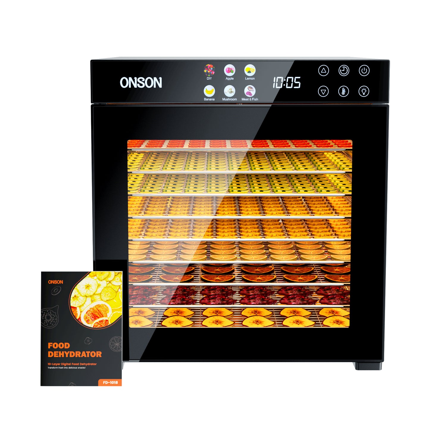 ONSON Food Dehydrator Machine, 10 Stainless Steel Trays, 1000W Power, 167°F Dehydrated Dryer for Jerky, Dog Treats, Herbs, Meat, Fruit, Yogurt and Veggies, Silver-black