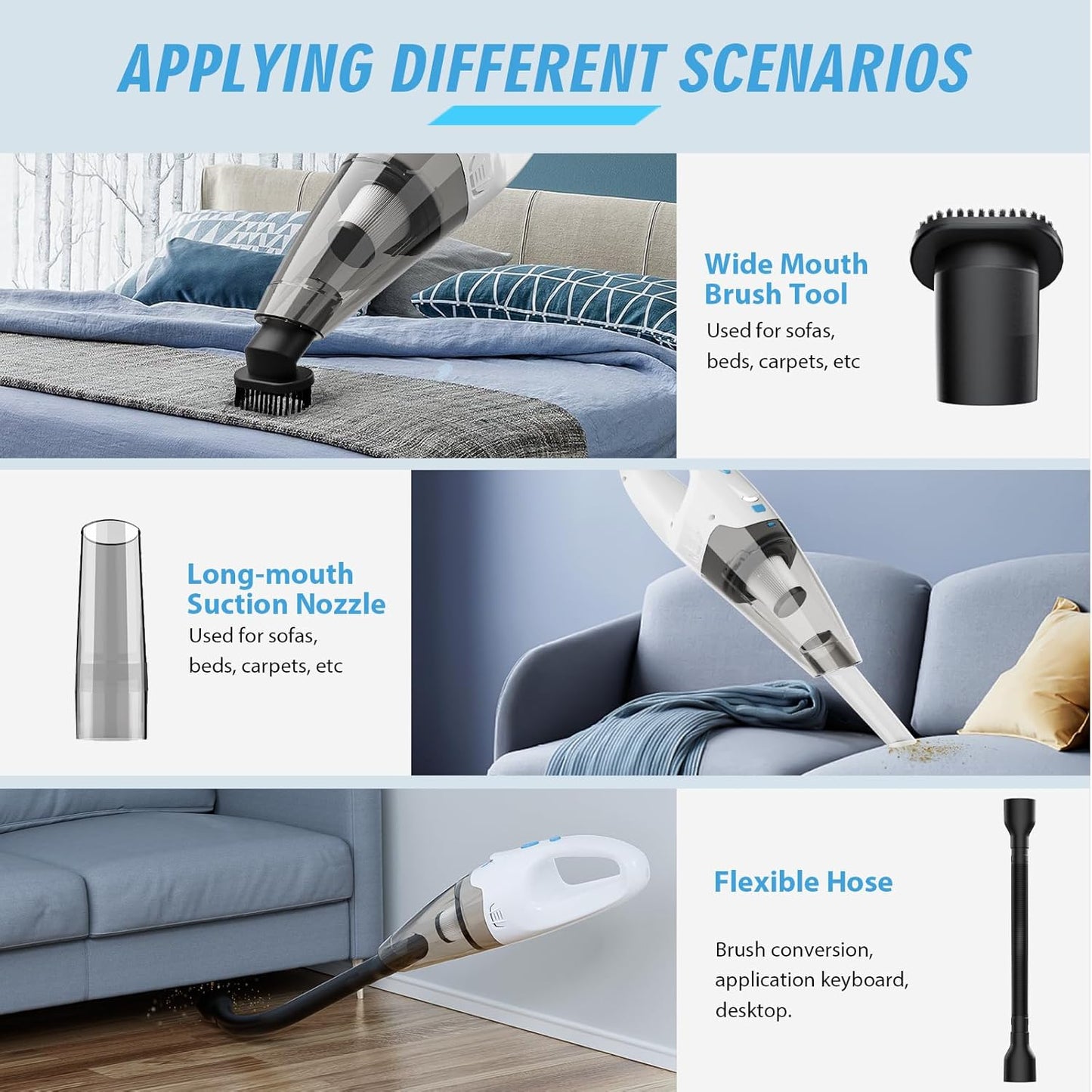 Teendow 6000Pa cordless handheld vacuum cleaner, hard floor vaccum cleaners for apartment, laminate and rug, Blue&White, TG
