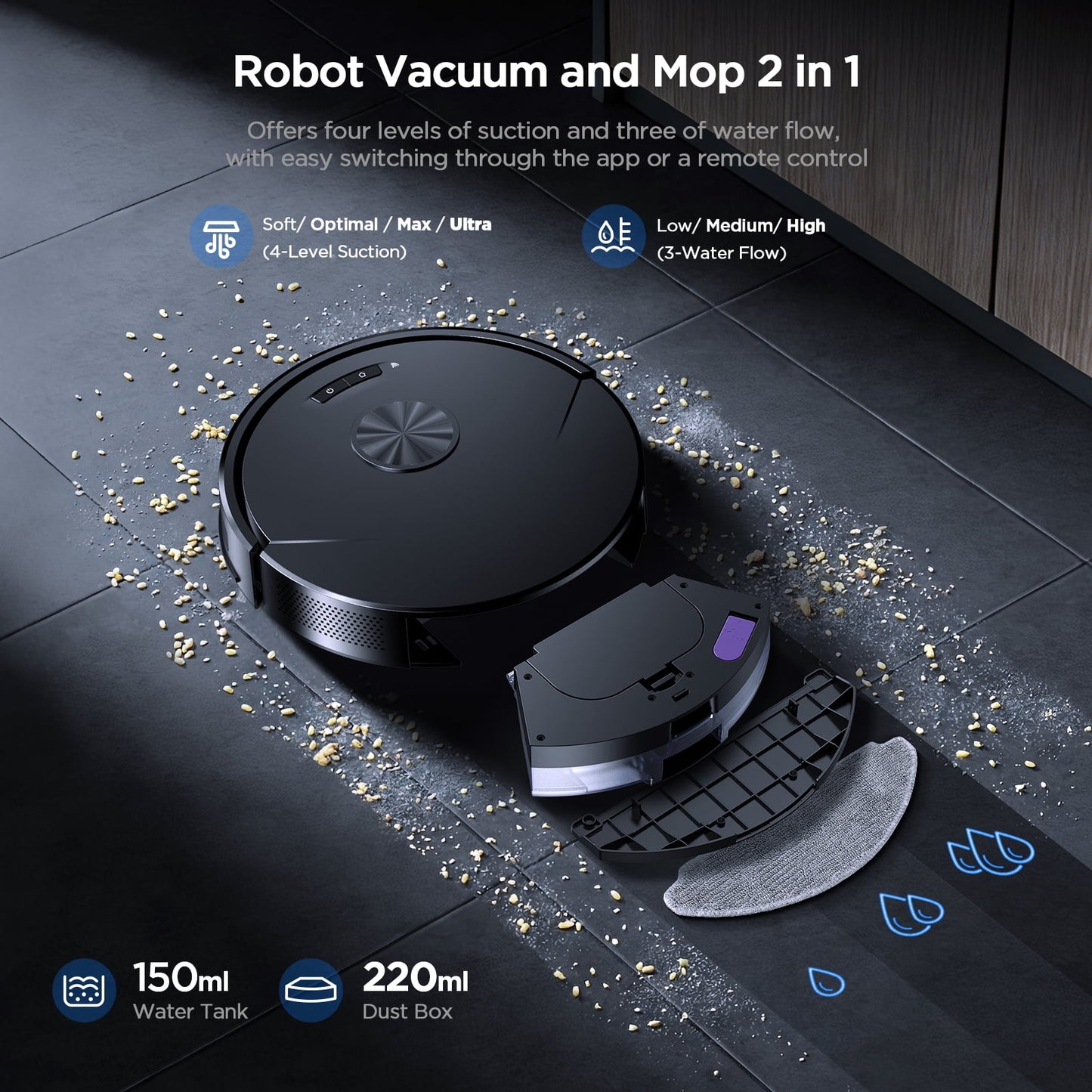 ONSON 8000Pa Robot Vacuum Cleaner and Mop Combo, 2 in 1 Vacuum and Mop With Wi-Fi, Ideal for Hard Floors