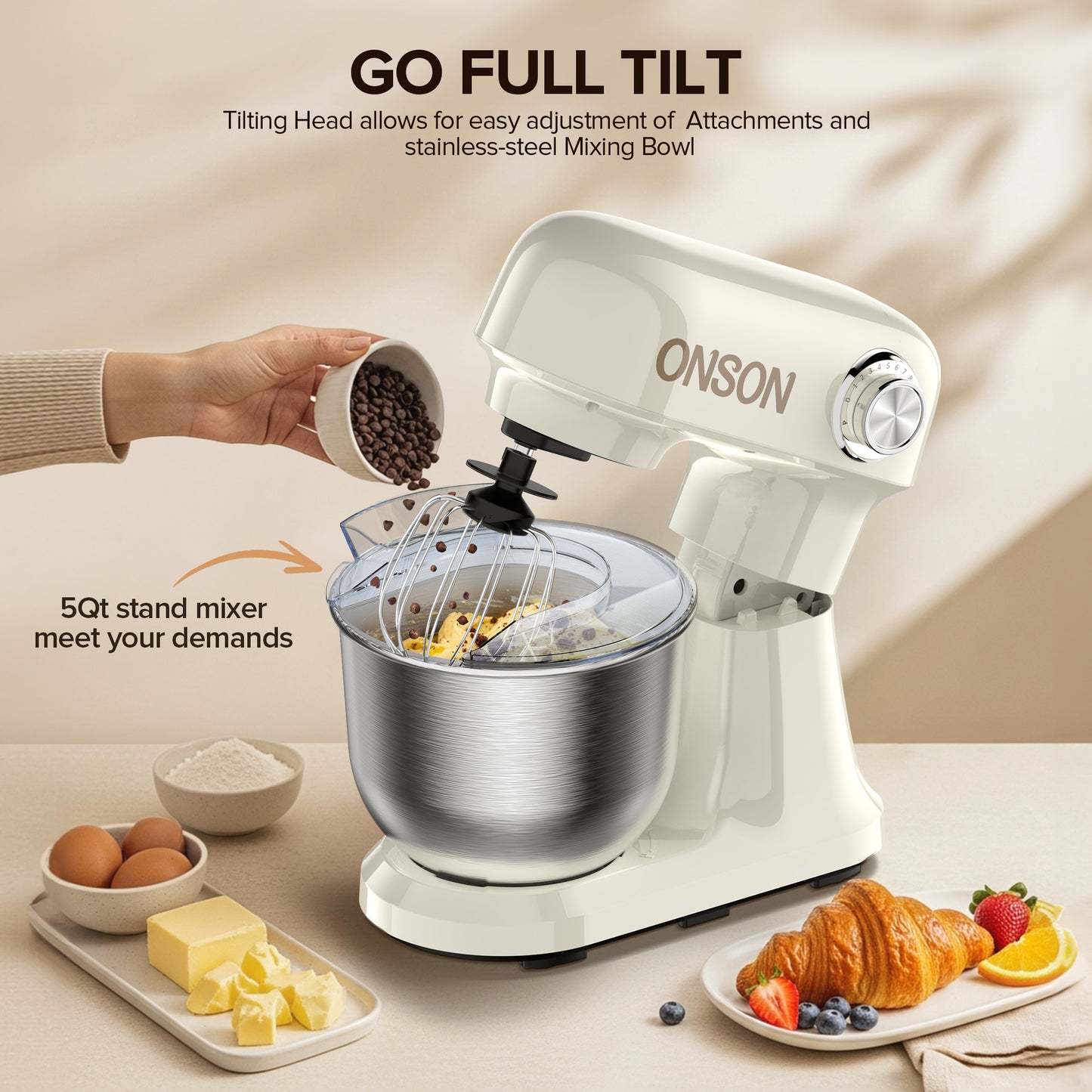 ONSON 5 QT Stand Mixer, 350W, 12-Speed Dough Mixer with Stainless Steel Bowl & Accessories for Baking & Cooking