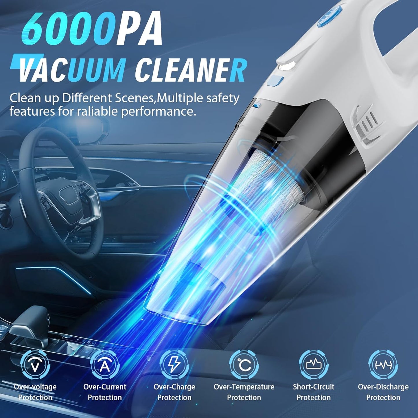 Teendow 6000Pa cordless handheld vacuum cleaner, hard floor vaccum cleaners for apartment, laminate and rug, Blue&White, TG