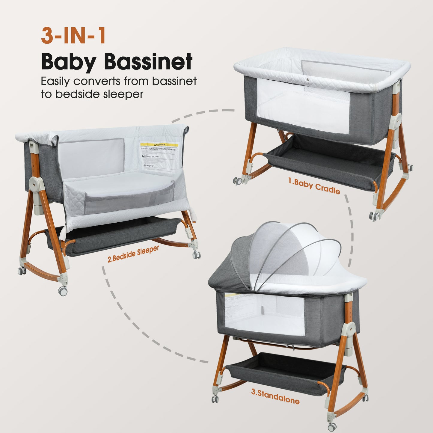 GOOVI Baby Bassinet, Foldable Baby Crib with 6 Adjustable Heights and Storage Basket for Infant Newborn Child, Gray