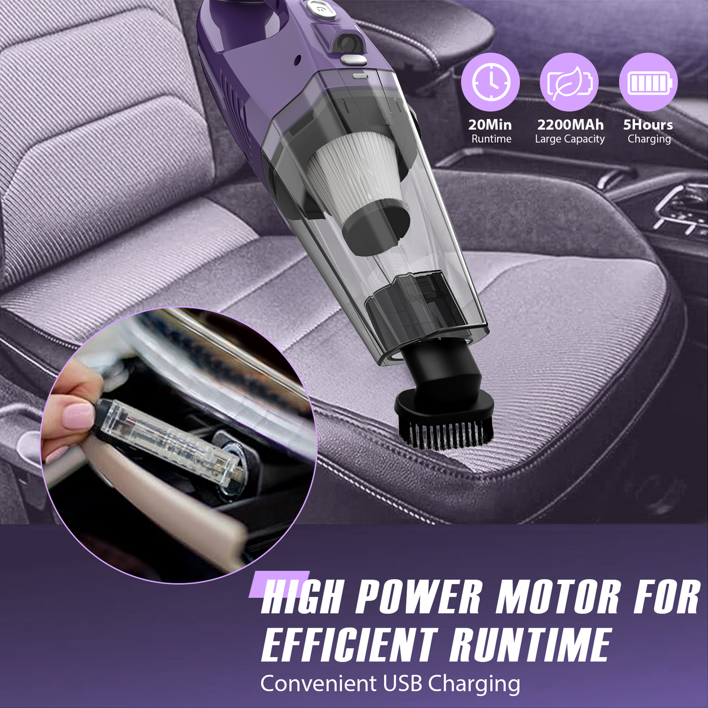 MAMNV Portable 6000Pa Cordless Handheld Vacuum, Vacuum Cleaner for Car Interior Cleaning,with Hose,Rechargeable, Purple,TG