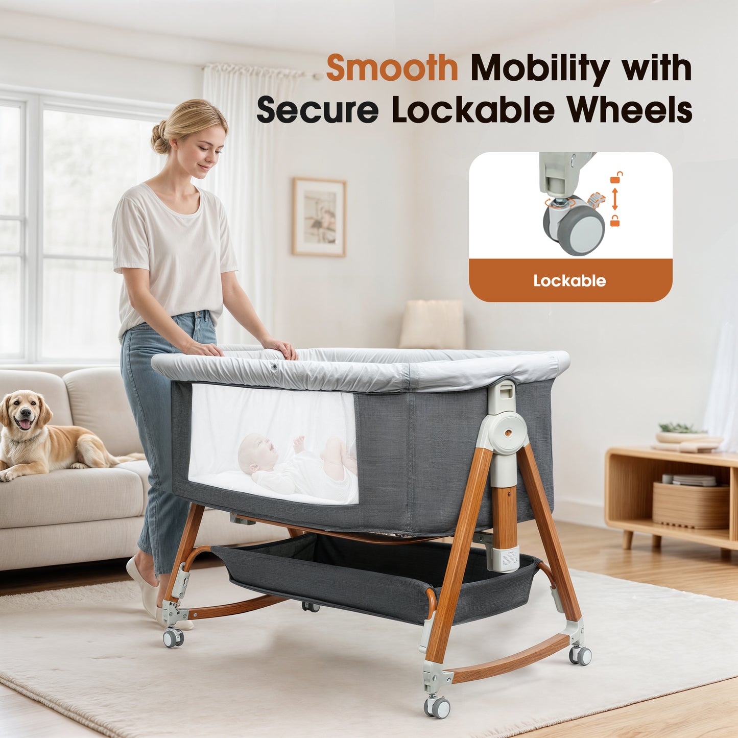 GOOVI Baby Bassinet, Foldable Baby Crib with 6 Adjustable Heights and Storage Basket for Infant Newborn Child, Gray
