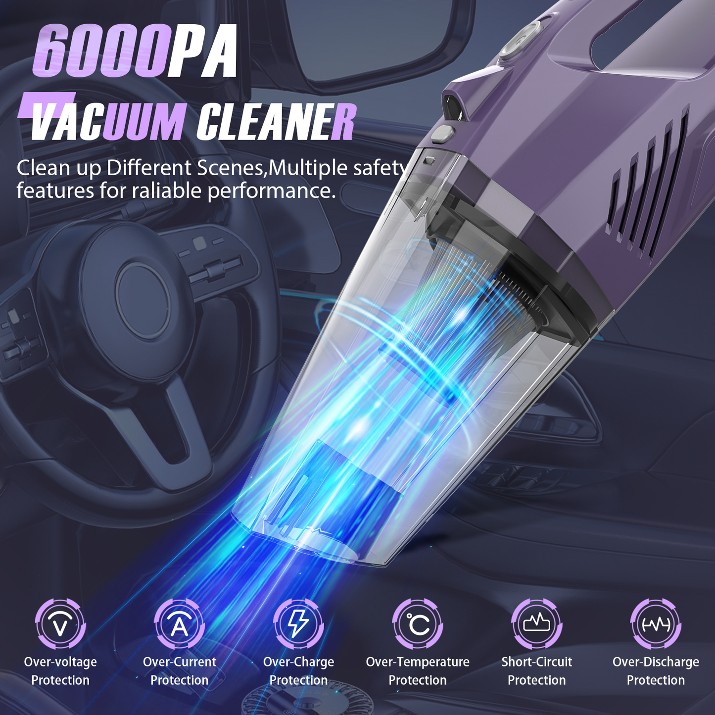 MAMNV Portable 6000Pa Cordless Handheld Vacuum, Vacuum Cleaner for Car Interior Cleaning,with Hose,Rechargeable, Purple,TG