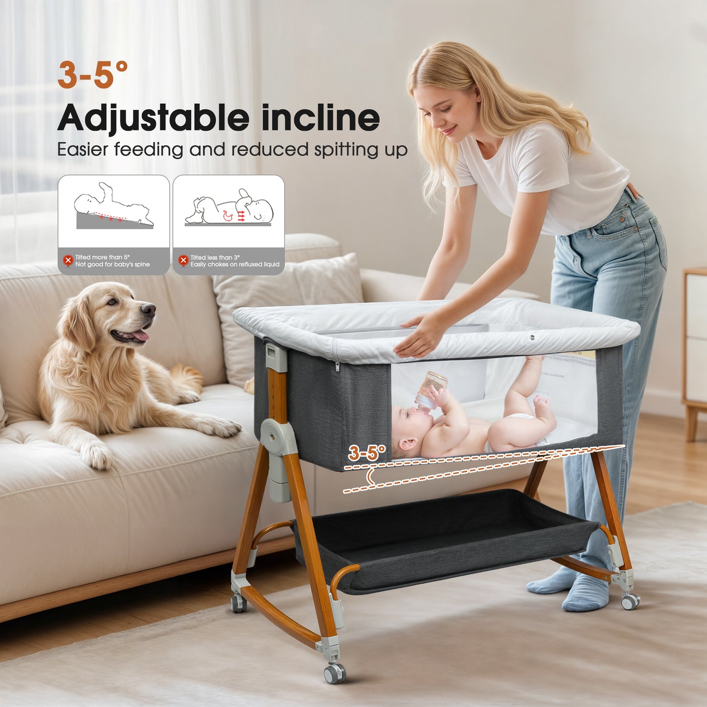 GOOVI Baby Bassinet, Foldable Baby Crib with 6 Adjustable Heights and Storage Basket for Infant Newborn Child, Gray