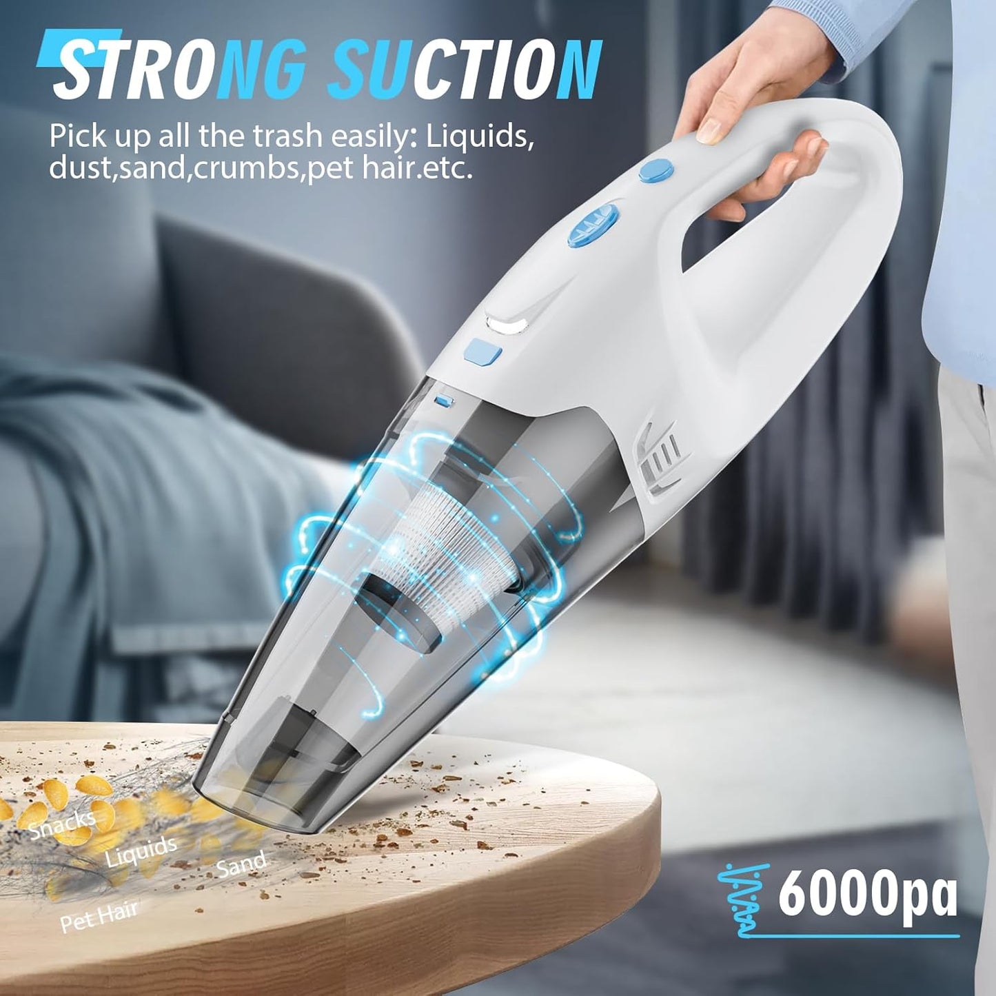 Teendow 6000Pa cordless handheld vacuum cleaner, hard floor vaccum cleaners for apartment, laminate and rug, Blue&White, TG
