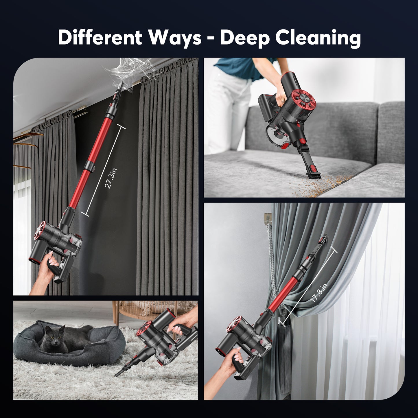 MAMNV 150W Cordless Stick Vacuum for HardFloors, Carpet, Rug, and Pet Hair, Bagless Vacuum Cleaner, Red,TG