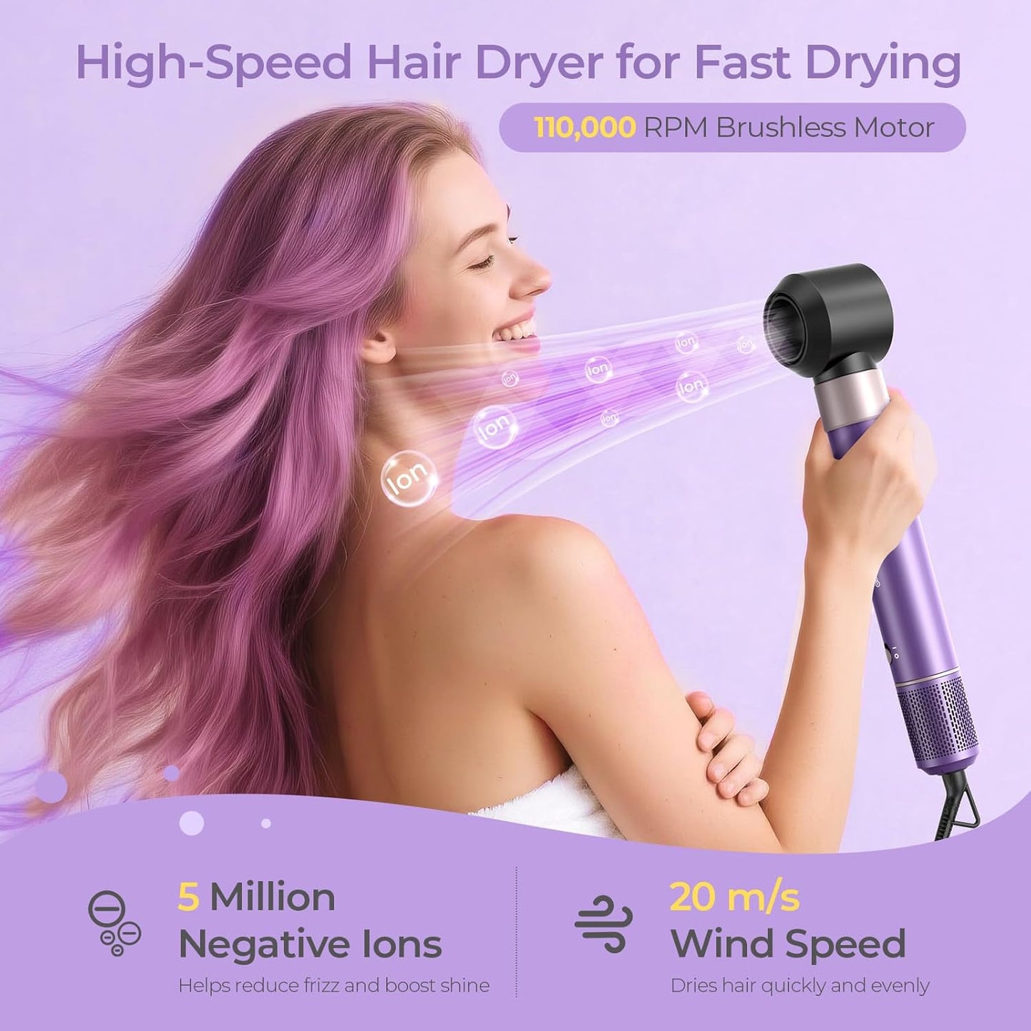 7-in-1 Hair Dryer Brush and 1500W Hair Styler Set – Fast Drying, Curling, Straightening & Volumizing – Hot Air Styling Tool with No Heat Damage – for All Hair Types – Purple