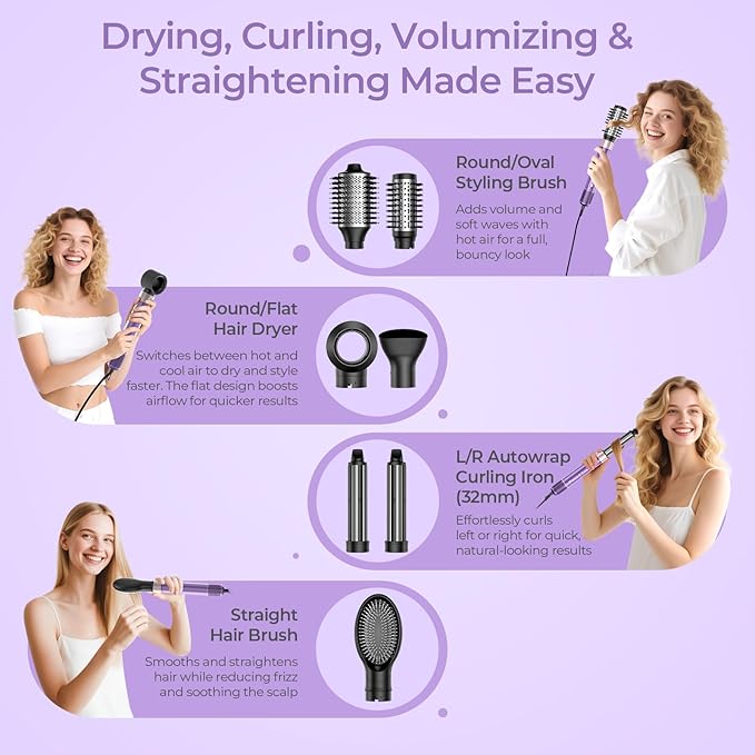 7-in-1 Hair Dryer Brush and 1500W Hair Styler Set – Fast Drying, Curling, Straightening & Volumizing – Hot Air Styling Tool with No Heat Damage – for All Hair Types – Purple