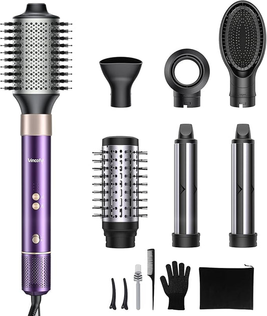 7-in-1 Hair Dryer Brush and 1500W Hair Styler Set – Fast Drying, Curling, Straightening & Volumizing – Hot Air Styling Tool with No Heat Damage – for All Hair Types – Purple