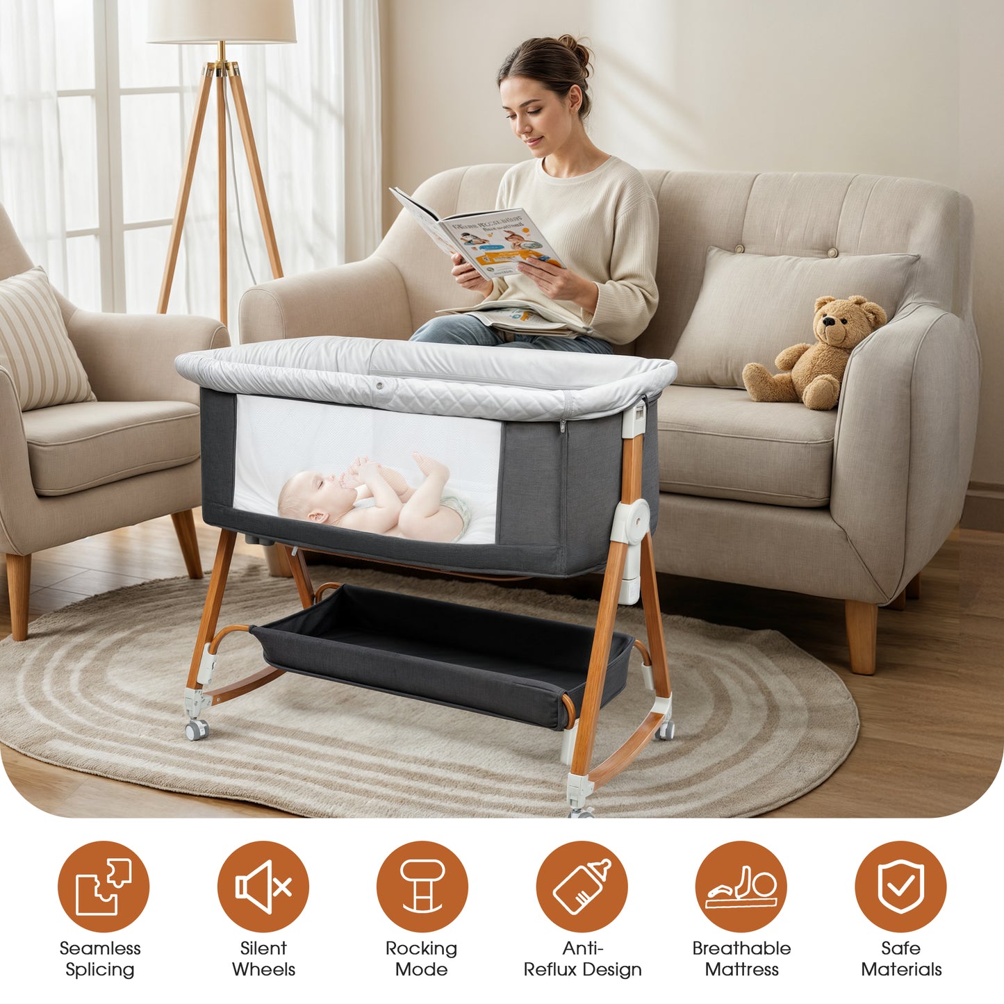 GOOVI Baby Bassinet, Foldable Baby Crib with 6 Adjustable Heights and Storage Basket for Infant Newborn Child, Gray