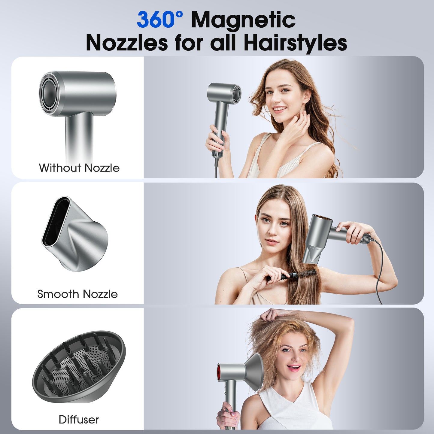 Teendow 1500W Fast Dry Hair Dryer, Portable 110,000 RPM Brushless Motor Negative Ion Hair Dryer, Low Noise, for Travel, Salon, Silver,TG