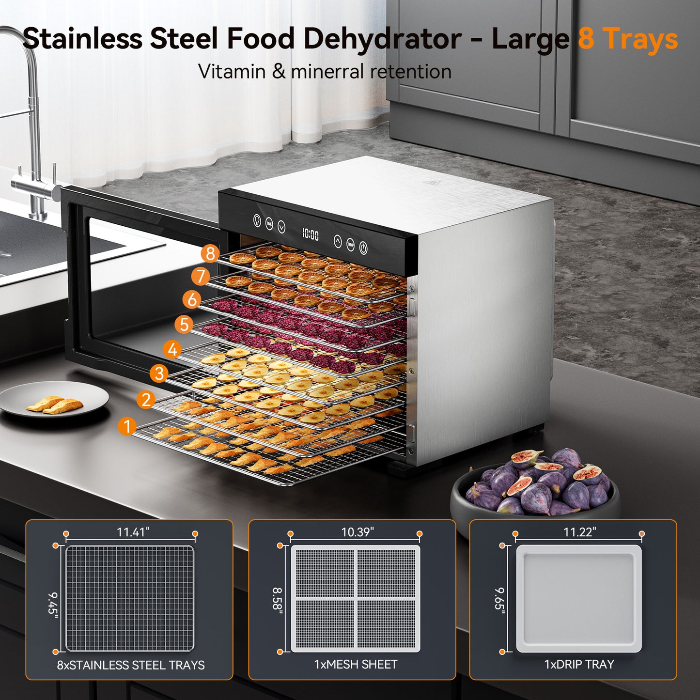ONSON Food Dehydrator Machine, 8 Stainless Steel Trays, 650W Power, 167°F Dehydrated Dryer for Jerky, Dog Treats, Herbs, Meat, Fruit, Yogurt and Veggies, Silver-black 1