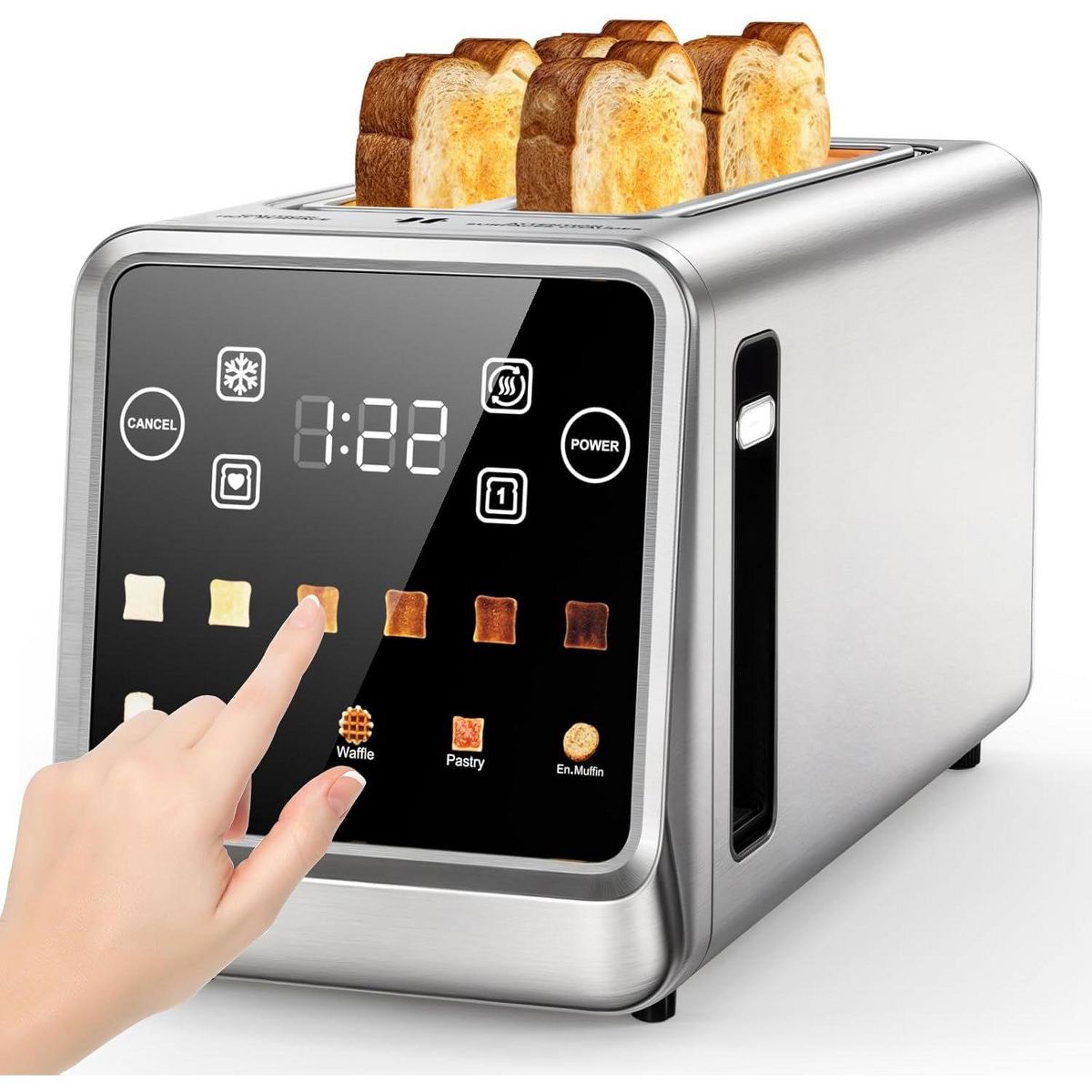 ONSON 1400W 4-Slice Smart Toaster with Digital Touchscreen, Extra-Wide Slots, Stainless Steel,Fast Heating,5 Bread Settings & 6 Shade Options