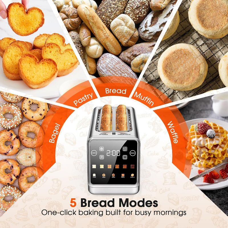 ONSON 1400W 4-Slice Smart Toaster with Digital Touchscreen, Extra-Wide Slots, Stainless Steel,Fast Heating,5 Bread Settings & 6 Shade Options