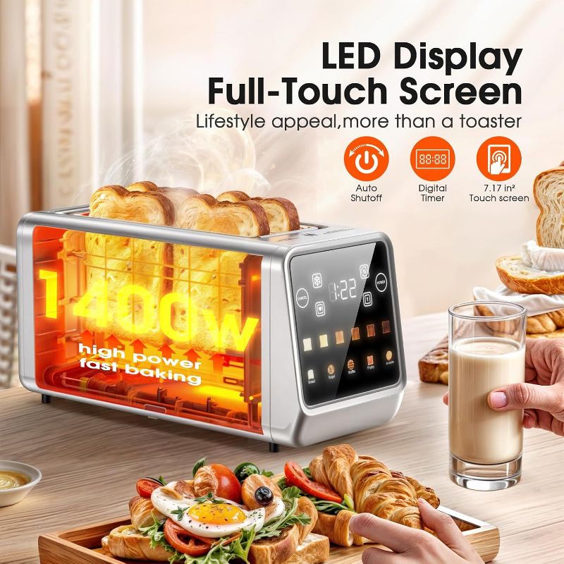 ONSON 1400W 4-Slice Smart Toaster with Digital Touchscreen, Extra-Wide Slots, Stainless Steel,Fast Heating,5 Bread Settings & 6 Shade Options