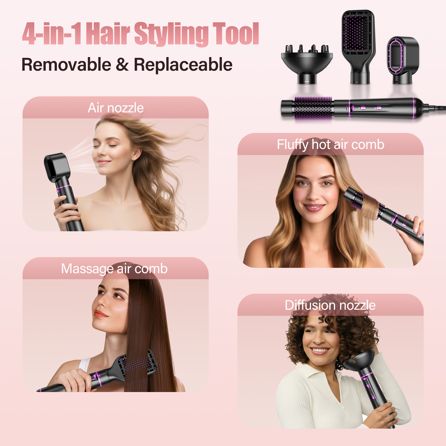 ONSON Hair Dryer Brush Set, 1" 4 in 1 Hot Air Brush, Drying, Volumizer Hair Styling Tools, Black