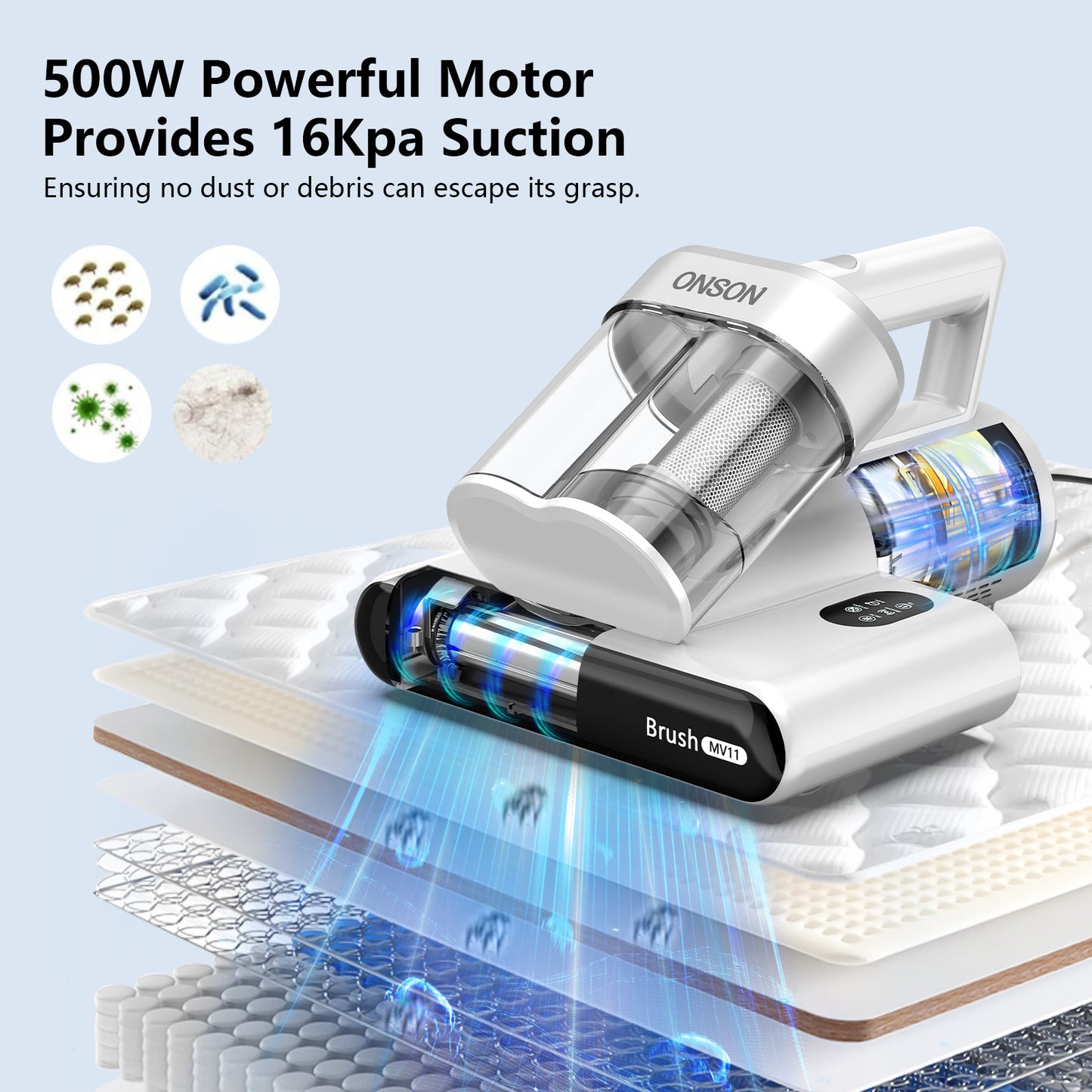 ONSON 16Kpa Mattress & Sofa Cleaner Features 3 Filters, Adjustable Suction & UV Sterilization 01