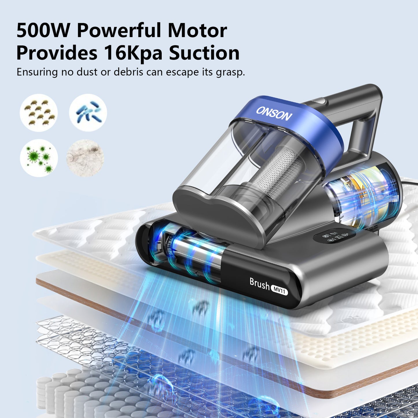 ONSON 16Kpa Mattress Vacuum Cleaner – 3 Filters, Dual Speed & UV Light for Deep Cleaning Beds & Sofas