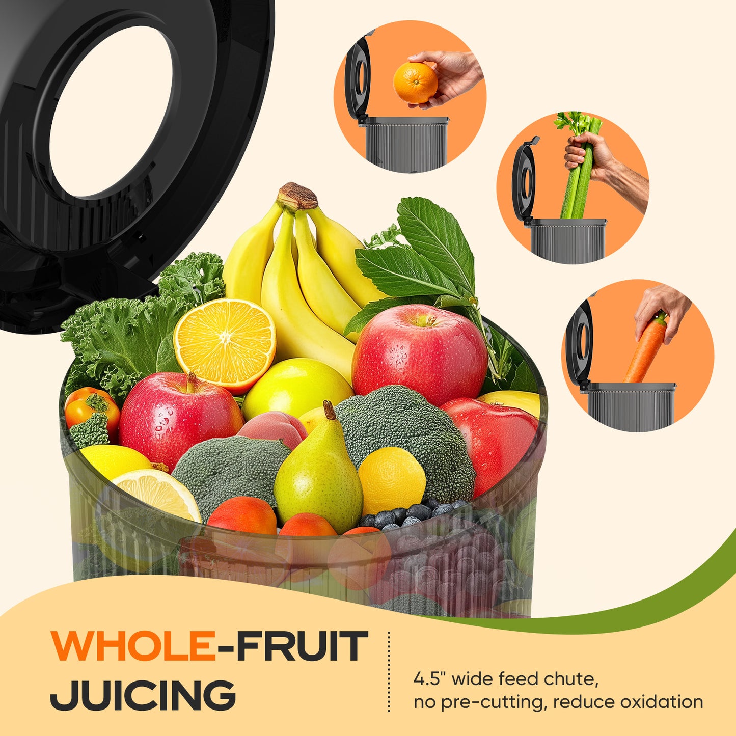 ONSON Cold Press Juicer Machines, Slow Juicer Machines for Whole Fruit and Vegetable, Masticating Juicer with 4.5" Wide Feed Chute, High Juice Yield, Juice Extractor Machine