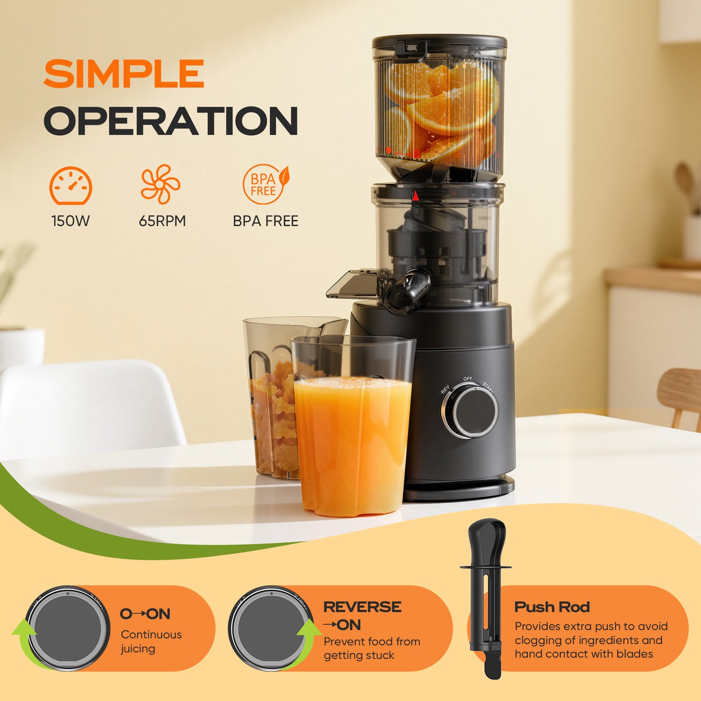 ONSON Cold Press Juicer Machines, Slow Juicer Machines for Whole Fruit and Vegetable, Masticating Juicer with 4.5" Wide Feed Chute, High Juice Yield, Juice Extractor Machine