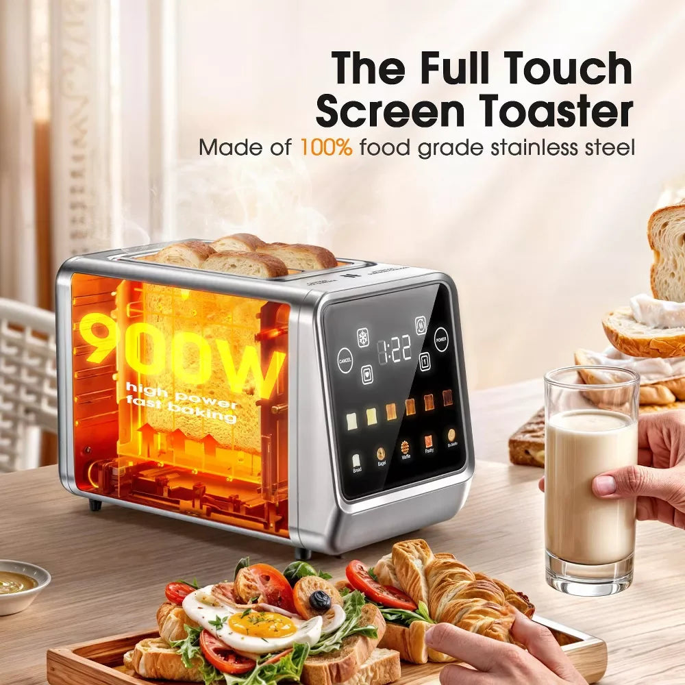 ONSON 2 Slice Toaster 900W, Touchscreen Long Slot Toaster, Stainless Steel Digital Smart Toaster,5 Bread Modes & 6 Shade Settings,Bagel & Defrost