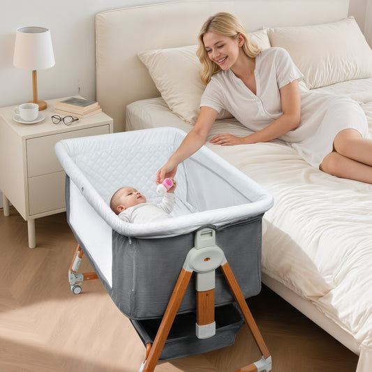 GOOVI Baby Bassinet, Foldable Baby Crib with 6 Adjustable Heights and Storage Basket for Infant Newborn Child, Gray